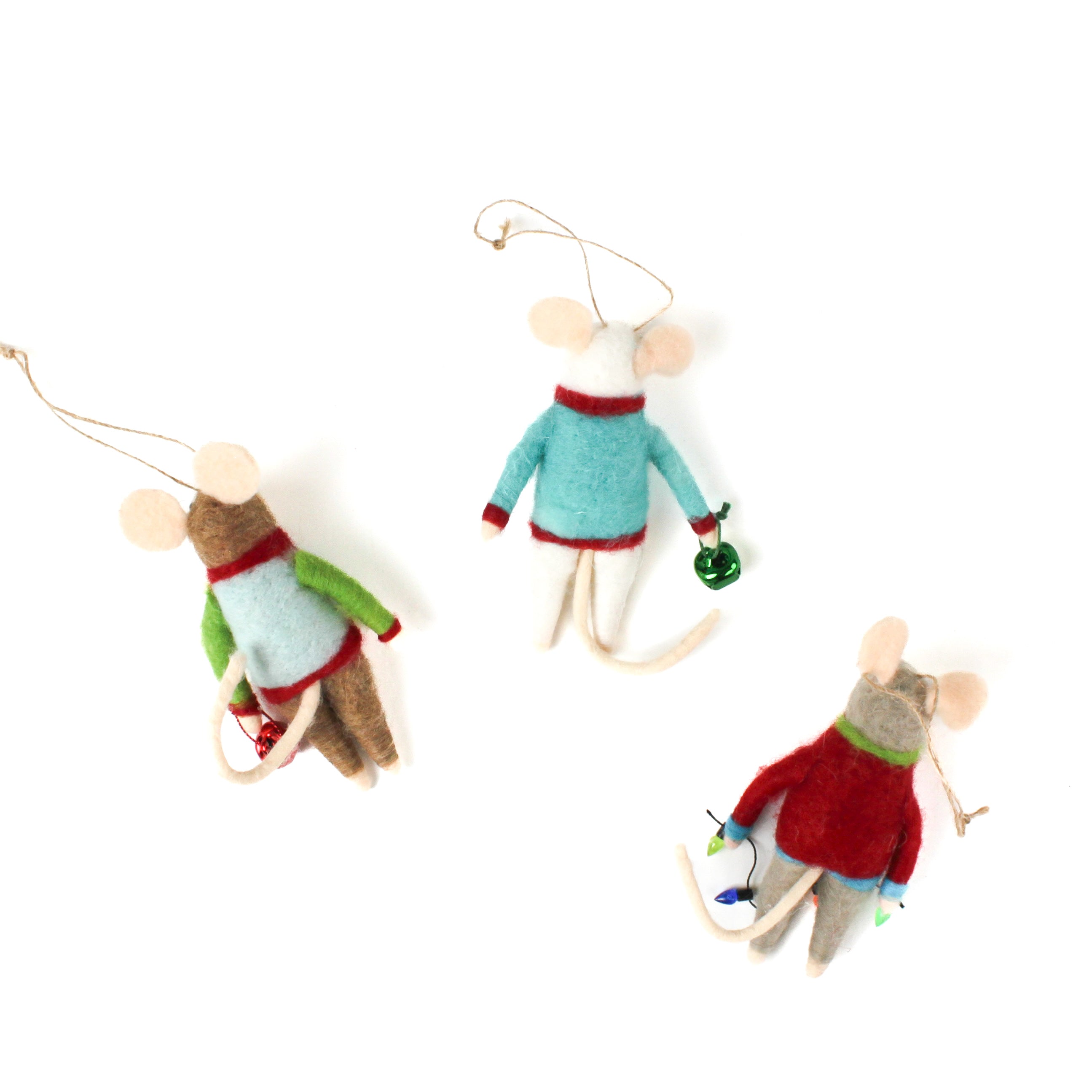 back of the Three felt mouse ornaments dressed in colorful holiday sweaters—one with a snowman, one with a wreath, and one with a Christmas tree—each holding a gift.
