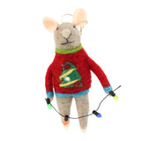 one felt mouse ornament dressed in colorful holiday sweater—a Christmas tree and holding a gift.