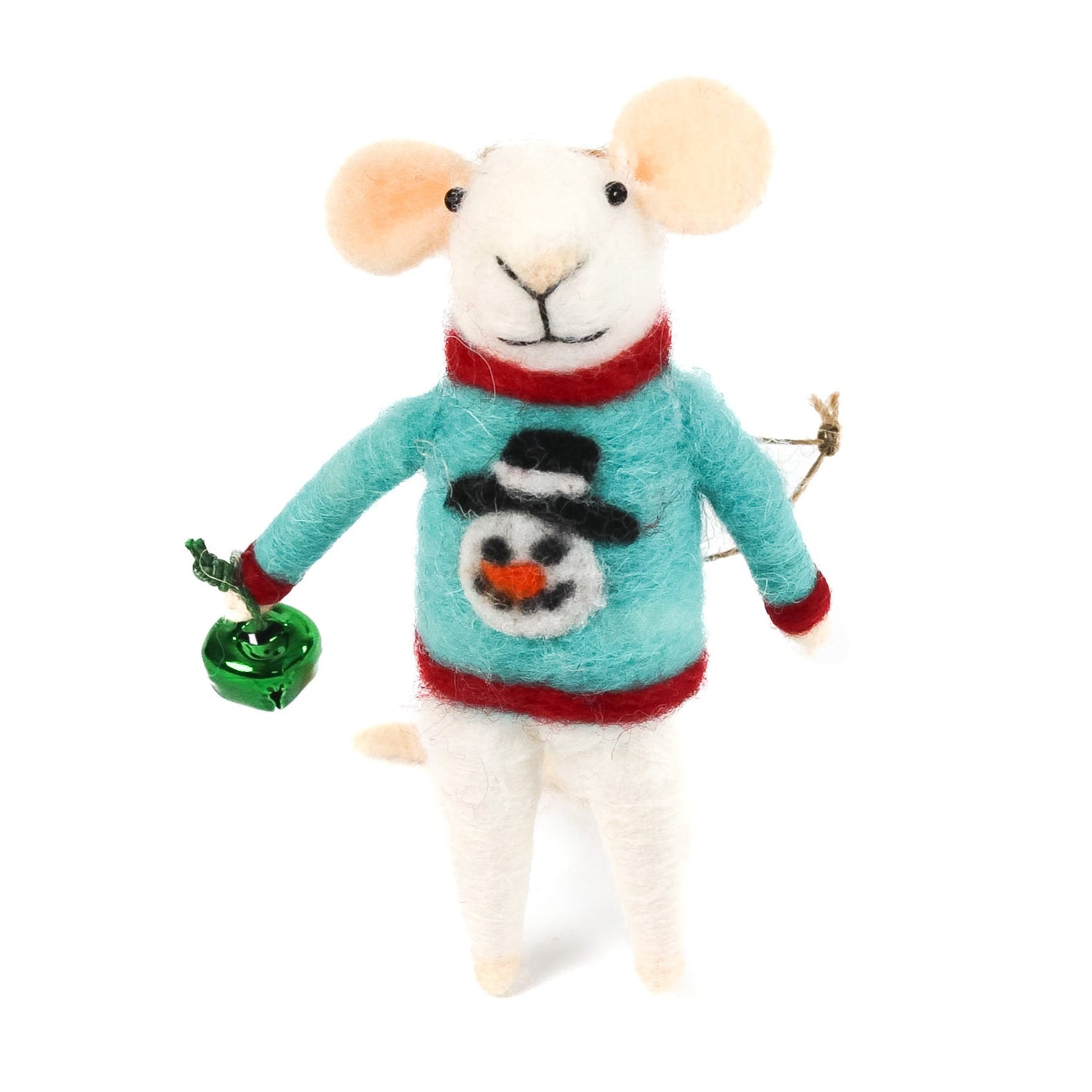 one felt mouse ornament dressed in colorful holiday sweater—with a snowman and holding a gift.