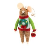 one felt mouse ornament dressed in colorful holiday sweater—a wreath, and holding a gift.
