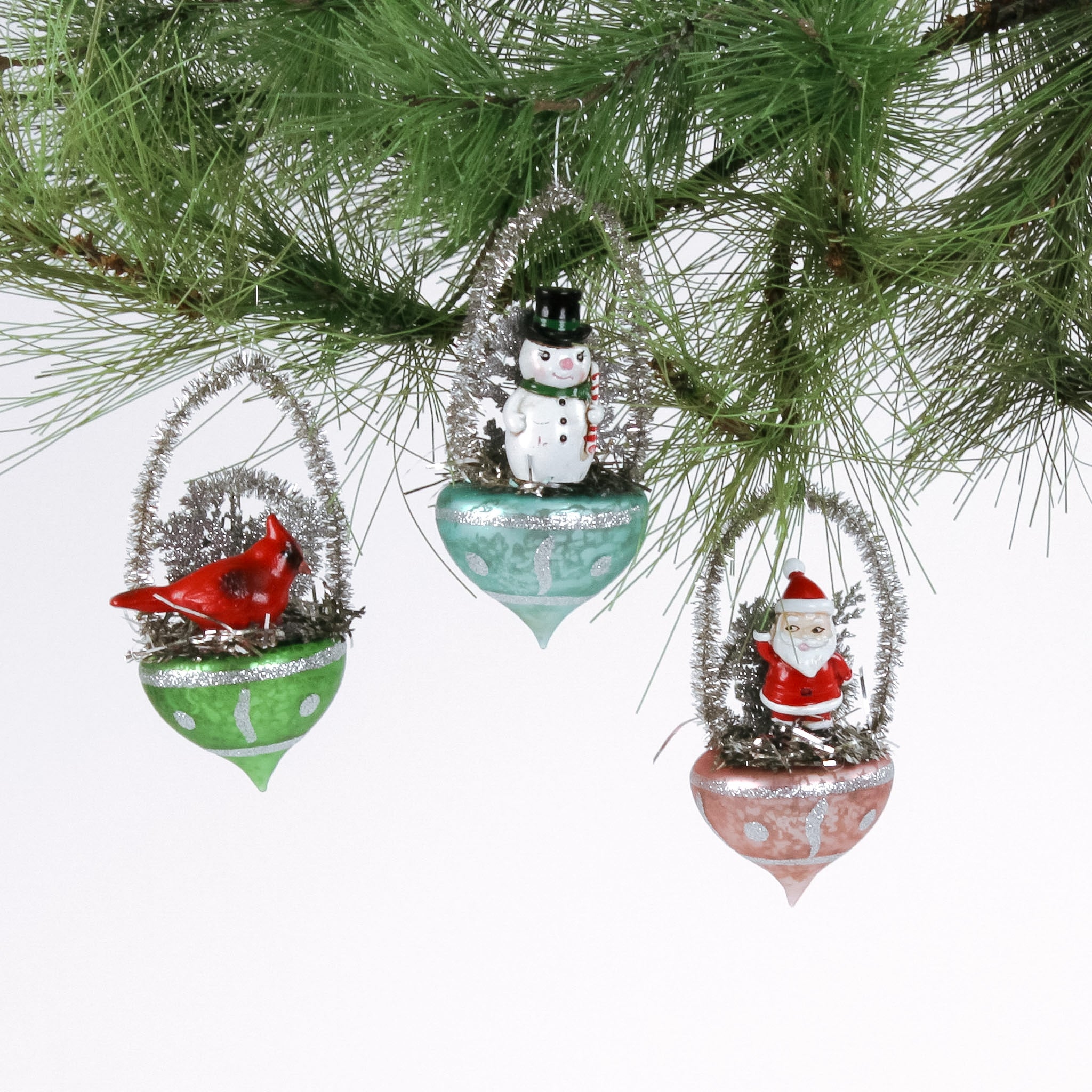 a set of 3 Christmas Glitter Basket Santa Snowman Ornaments