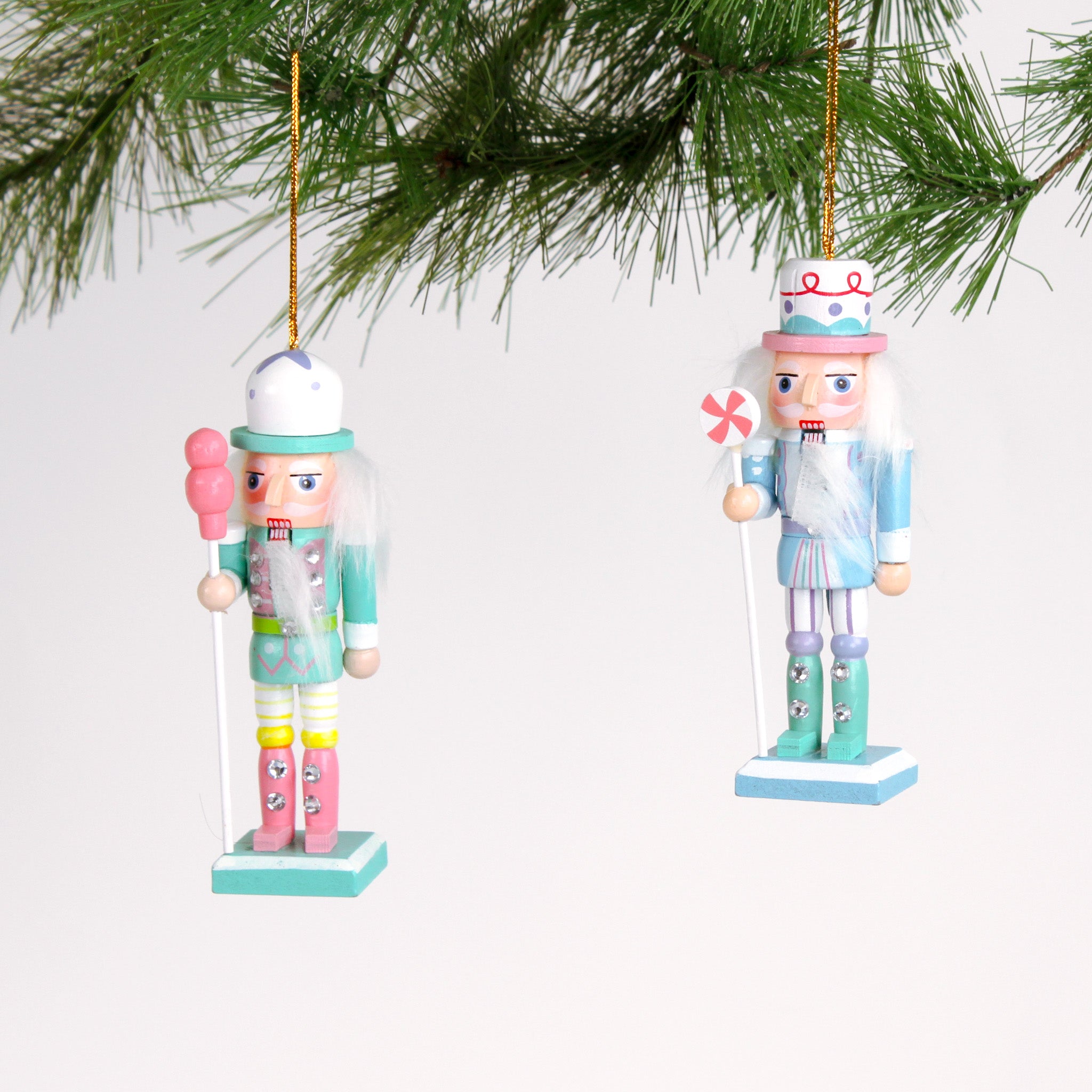 Colorful pastel nutcracker ornaments with candy accents
