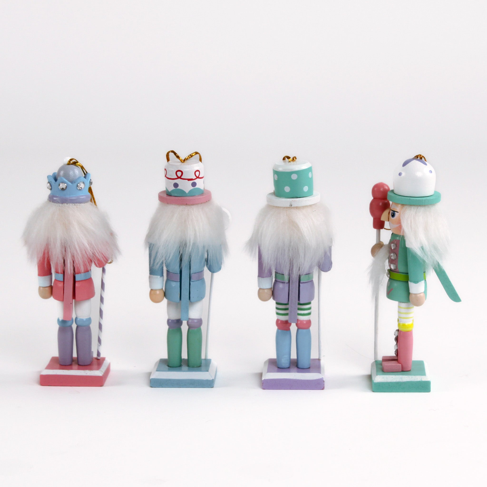 back of Colorful pastel nutcracker ornaments with candy accents