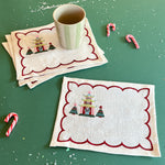 Embroidered Christmas Pagoda Linen Cocktail Napkins, Set of 4