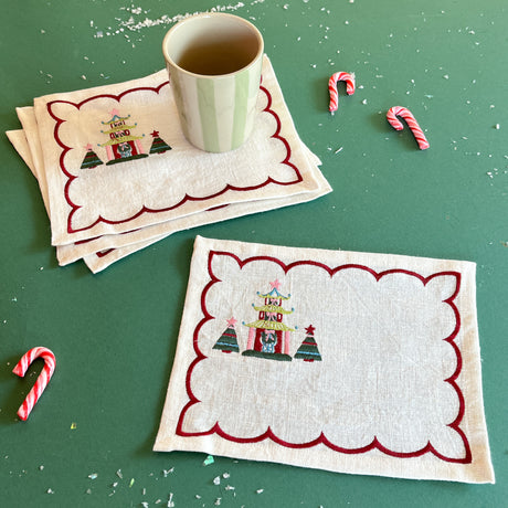 Embroidered Christmas Pagoda Linen Cocktail Napkins, Set of 4