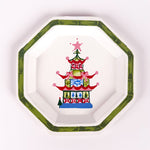 octagon-shaped tray with a green border and a colorful painted Christmas pagoda design