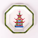 octagon-shaped tray with a green border and a colorful painted Christmas pagoda design