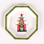 octagon-shaped tray with a green border and a painted red and green Christmas pagoda design