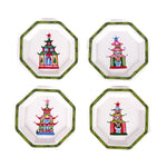 set of four octagon-shaped trays with green borders and colorful painted Christmas pagoda designs