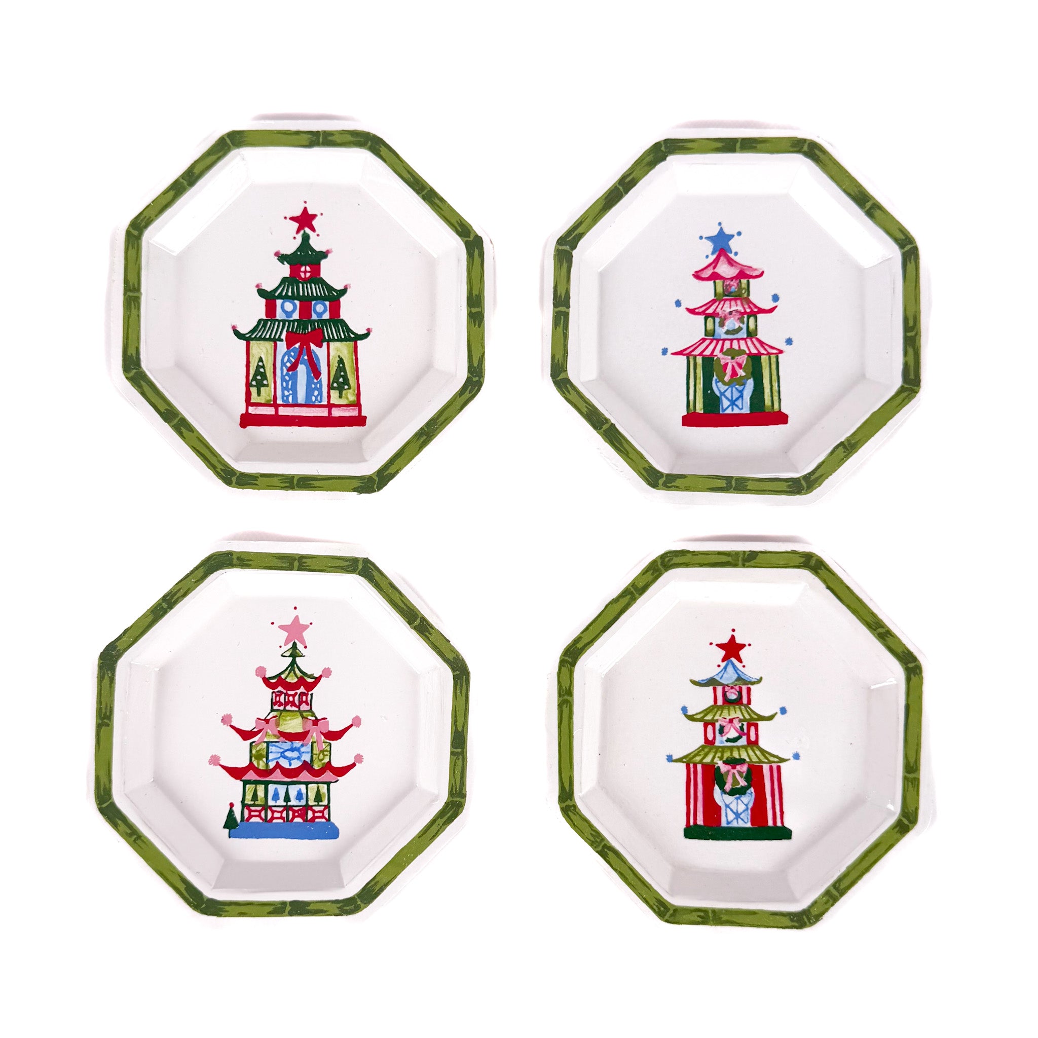 set of four octagon-shaped trays with green borders and colorful painted Christmas pagoda designs