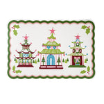Decorative Christmas placemat featuring three colorful pagoda illustrations with star toppers, holly accents, and scalloped green and pink border, displayed on a white background.