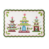 Decorative Christmas placemat featuring three colorful pagoda illustrations with star toppers, holly accents, and scalloped green and pink border, displayed on a white background.