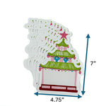 Stack of pagoda-shaped Christmas placecards with green roof, pink accents, and star topper, measuring approximately 4.75 inches wide and 7 inches tall, displayed on a white background.