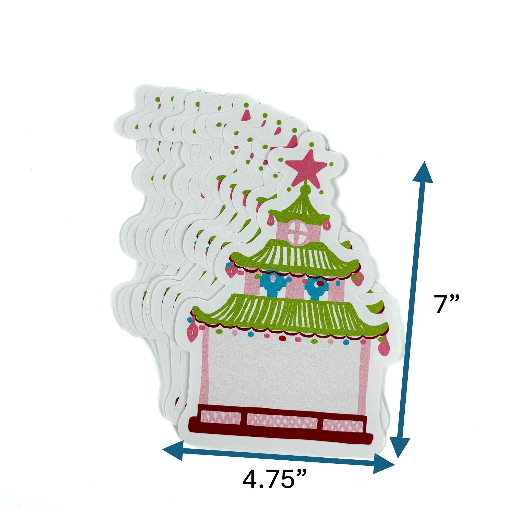 Stack of pagoda-shaped Christmas placecards with green roof, pink accents, and star topper, measuring approximately 4.75 inches wide and 7 inches tall, displayed on a white background.