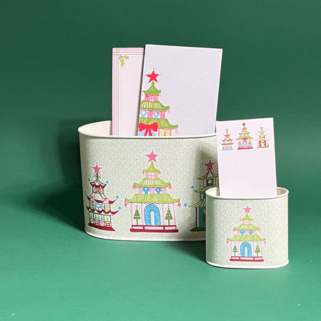 filled duo of Christmas Pagodas caddies in large and small on a green background