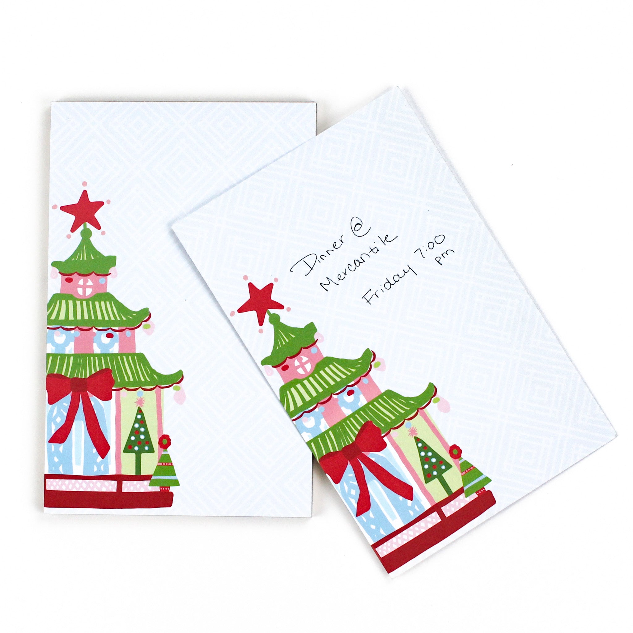 Christmas Pagoda themed Lux Notepads in a white background