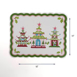Rectangular Christmas decorative placemat with three colorful pagoda with dimension of 18" x 14", displayed on a white background