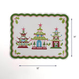 Rectangular Christmas decorative placemat with three colorful pagoda with dimension of 18" x 14", displayed on a white background