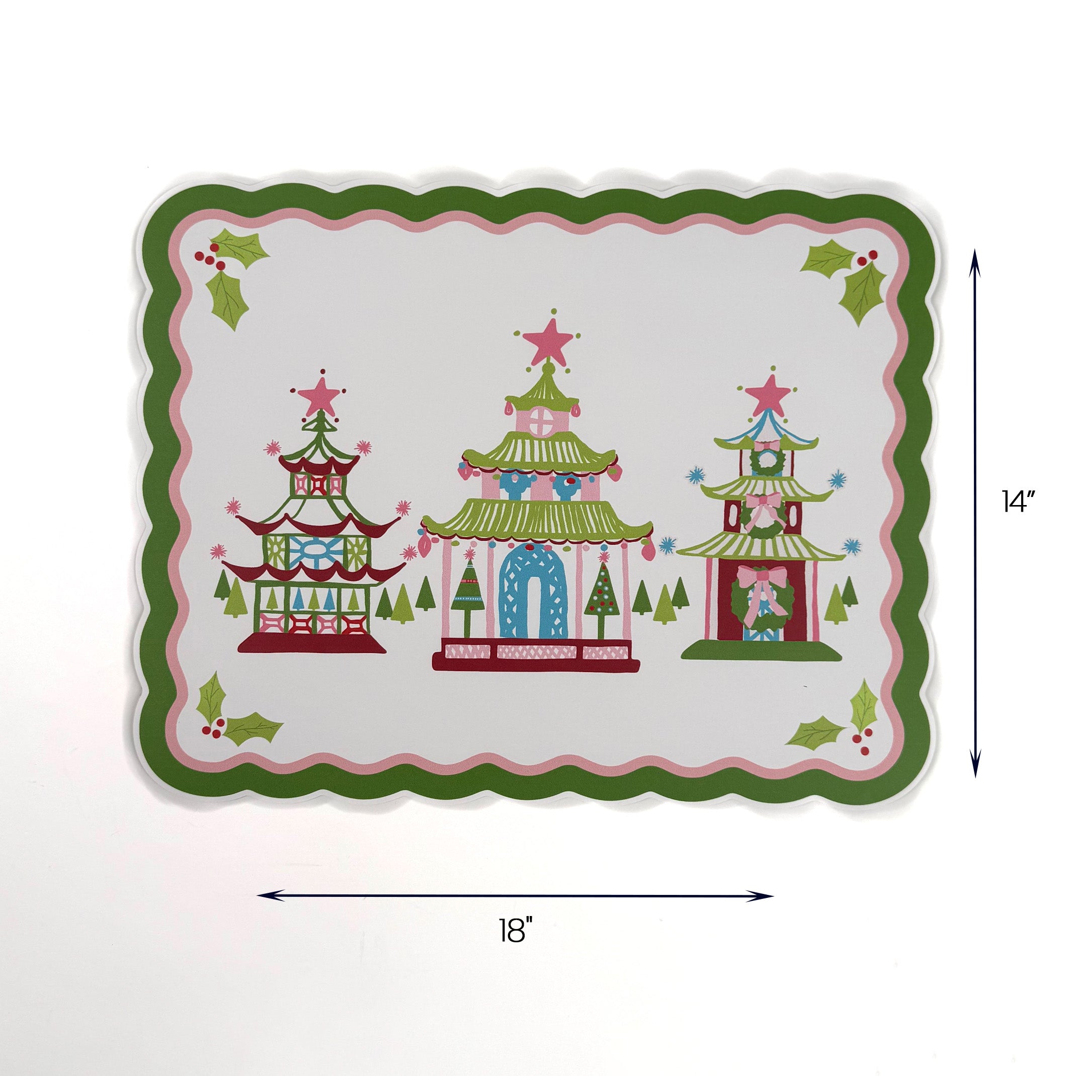 Rectangular Christmas decorative placemat with three colorful pagoda with dimension of 18" x 14", displayed on a white background