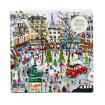 Galison 1000 piece foil jigsaw puzzle – Paris holiday market scene with Eiffel Tower, cafés, Christmas trees, and winter street artwork.