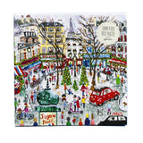 Galison 1000 piece foil jigsaw puzzle – Paris holiday market scene with Eiffel Tower, cafés, Christmas trees, and winter street artwork.