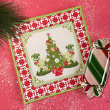 Christmas Pugs Square Paper Placemats in a red surface with a candy striped plate on the side
