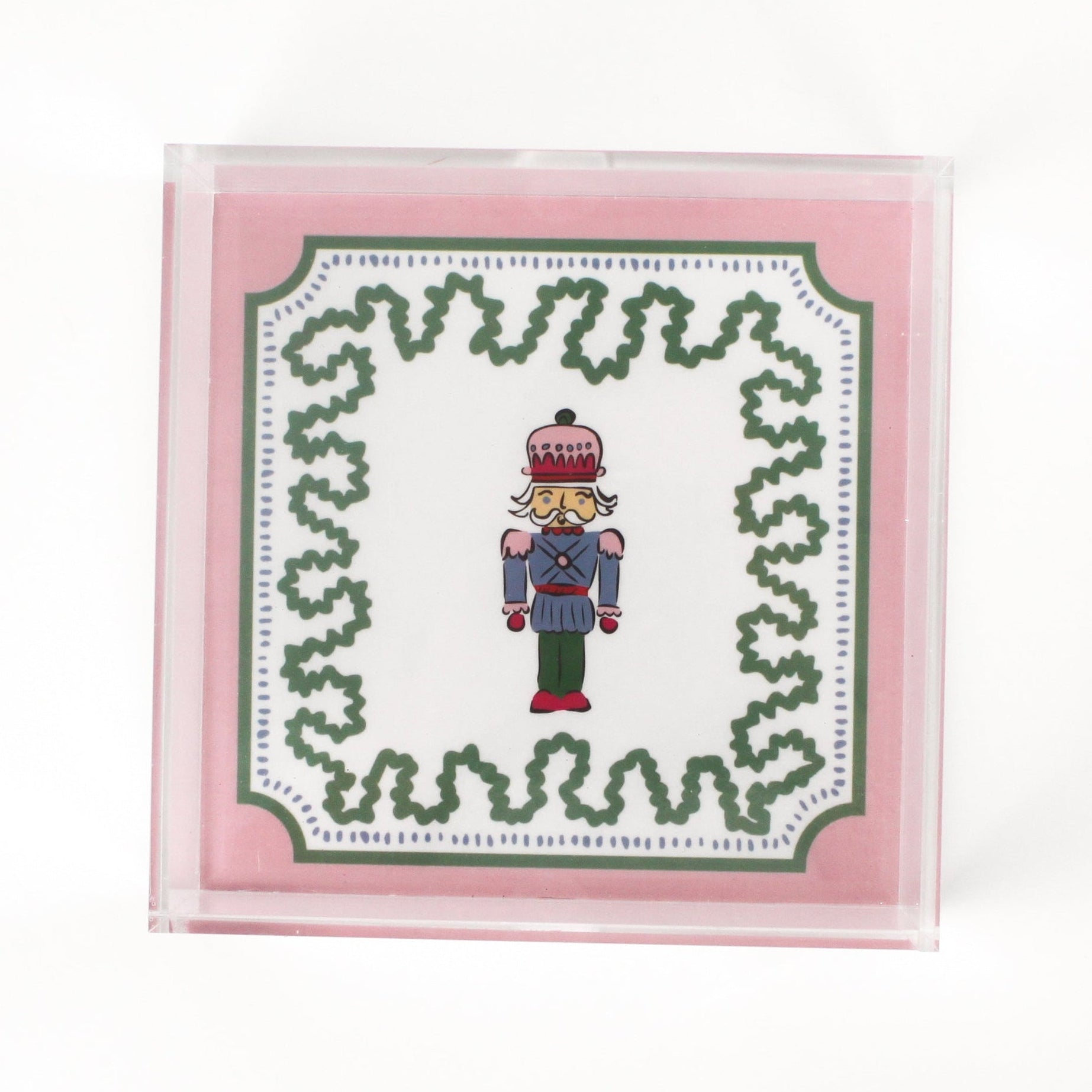 medium Nutcracker Square Acrylic Tray with pink and green border and Nutcracker in the center.