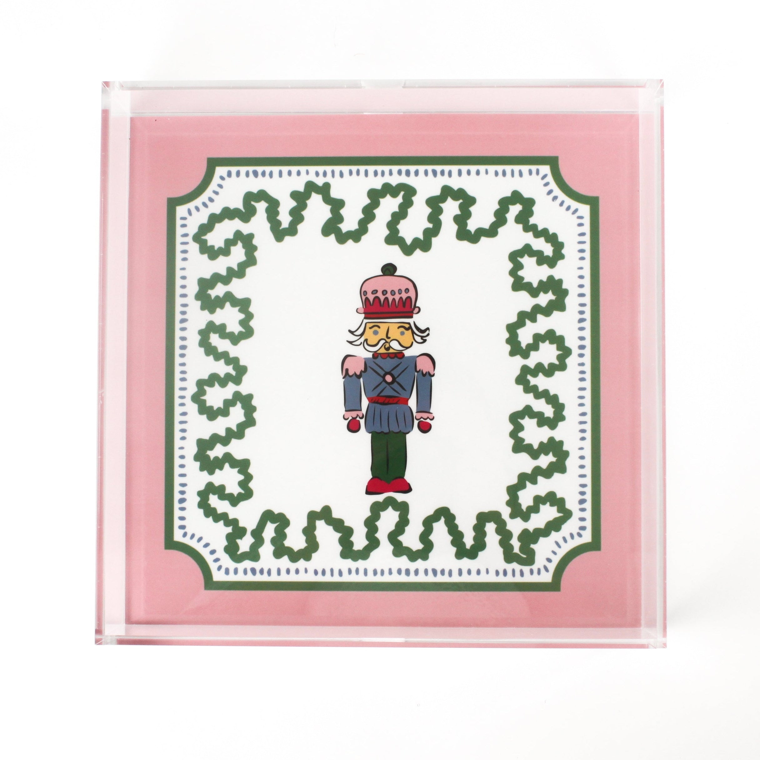 large Nutcracker Square Acrylic Tray  with pink and green border and Nutcracker in the center.