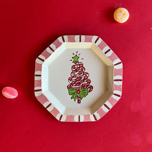 Christmas Treats tole metal trinket tray featuring a candy cane tree