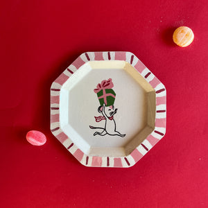 Christmas Treats tole metal trinket tray featuring a mouse with a present.