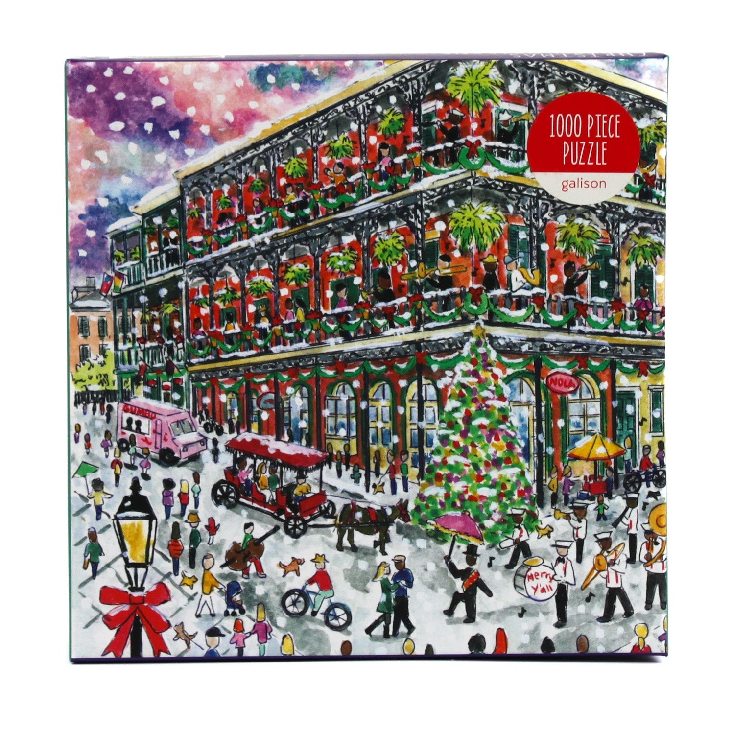 Christmas in New Orleans 1000-piece puzzle by Michael Storrings, featuring a festive street scene with decorated balconies, a large Christmas tree, colorful buildings, holiday shoppers, and New Orleans architecture.