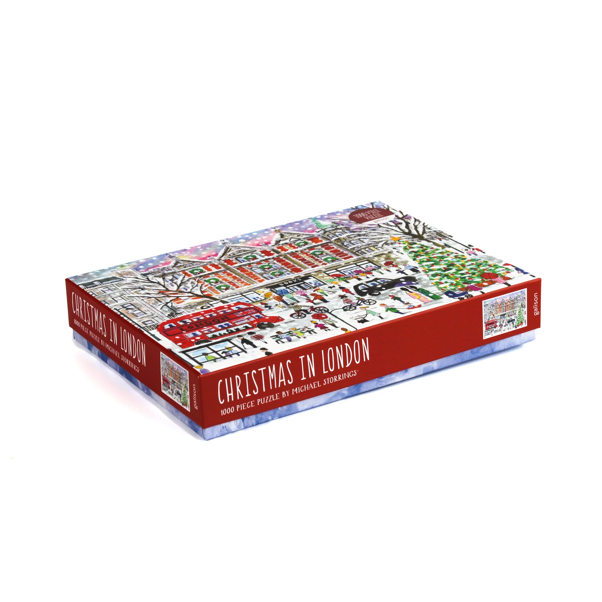 Christmas in London 1000-piece jigsaw puzzle by Michael Storrings, illustrated holiday street scene featuring festive decorations, Christmas tree, double-decker bus, and snowy London cityscape.