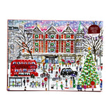 Christmas in London 1000-piece jigsaw puzzle by Michael Storrings, illustrated holiday street scene featuring festive decorations, Christmas tree, double-decker bus, and snowy London cityscape.