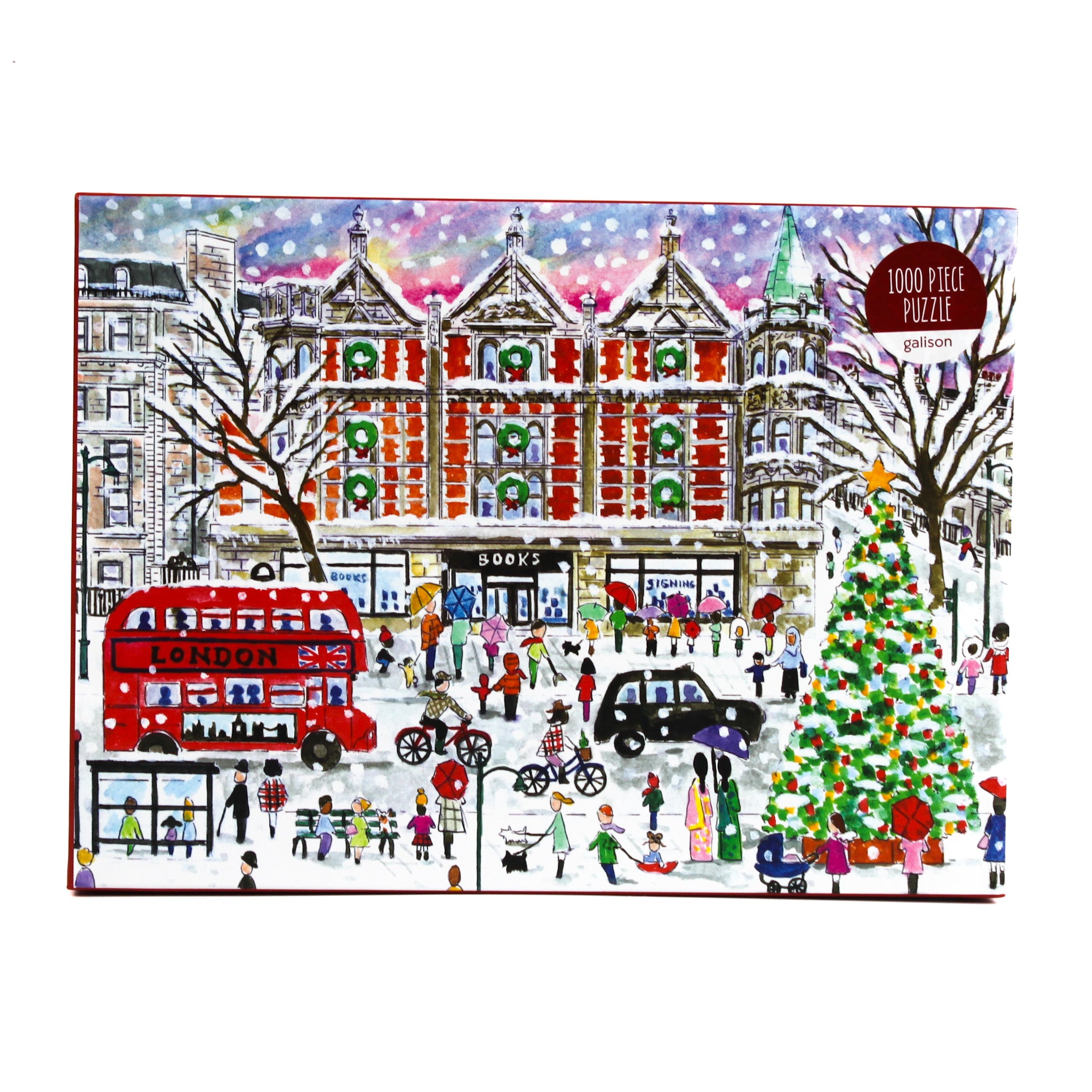 Christmas in London 1000-piece jigsaw puzzle by Michael Storrings, illustrated holiday street scene featuring festive decorations, Christmas tree, double-decker bus, and snowy London cityscape.