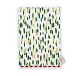 Madcap Cottage Club House cotton tea towel featuring abstract dark green and olive brushstrokes on a white background with red scalloped trim.