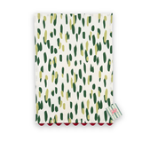 Madcap Cottage Club House cotton tea towel featuring abstract dark green and olive brushstrokes on a white background with red scalloped trim.