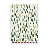 Club House cotton tea towel featuring abstract dark green and olive brushstrokes on a white background with red scalloped trim.