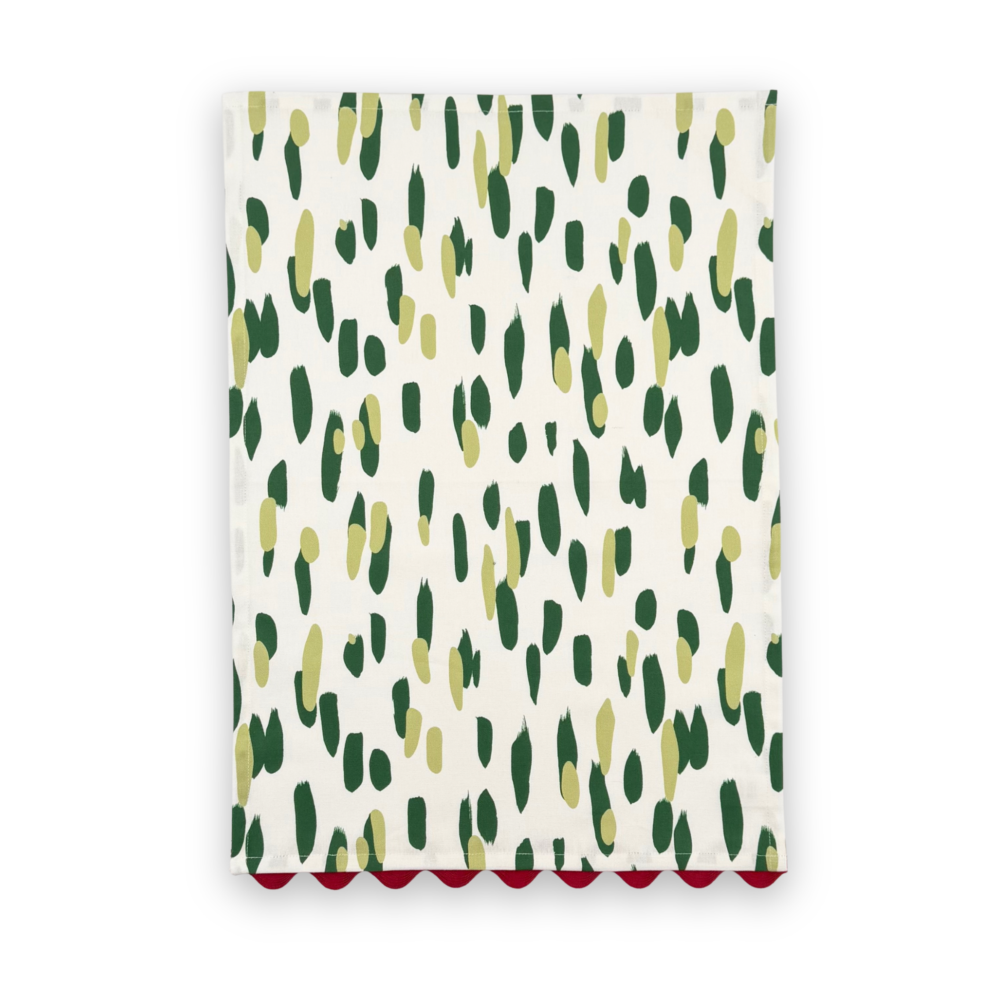 Club House cotton tea towel featuring abstract dark green and olive brushstrokes on a white background with red scalloped trim.