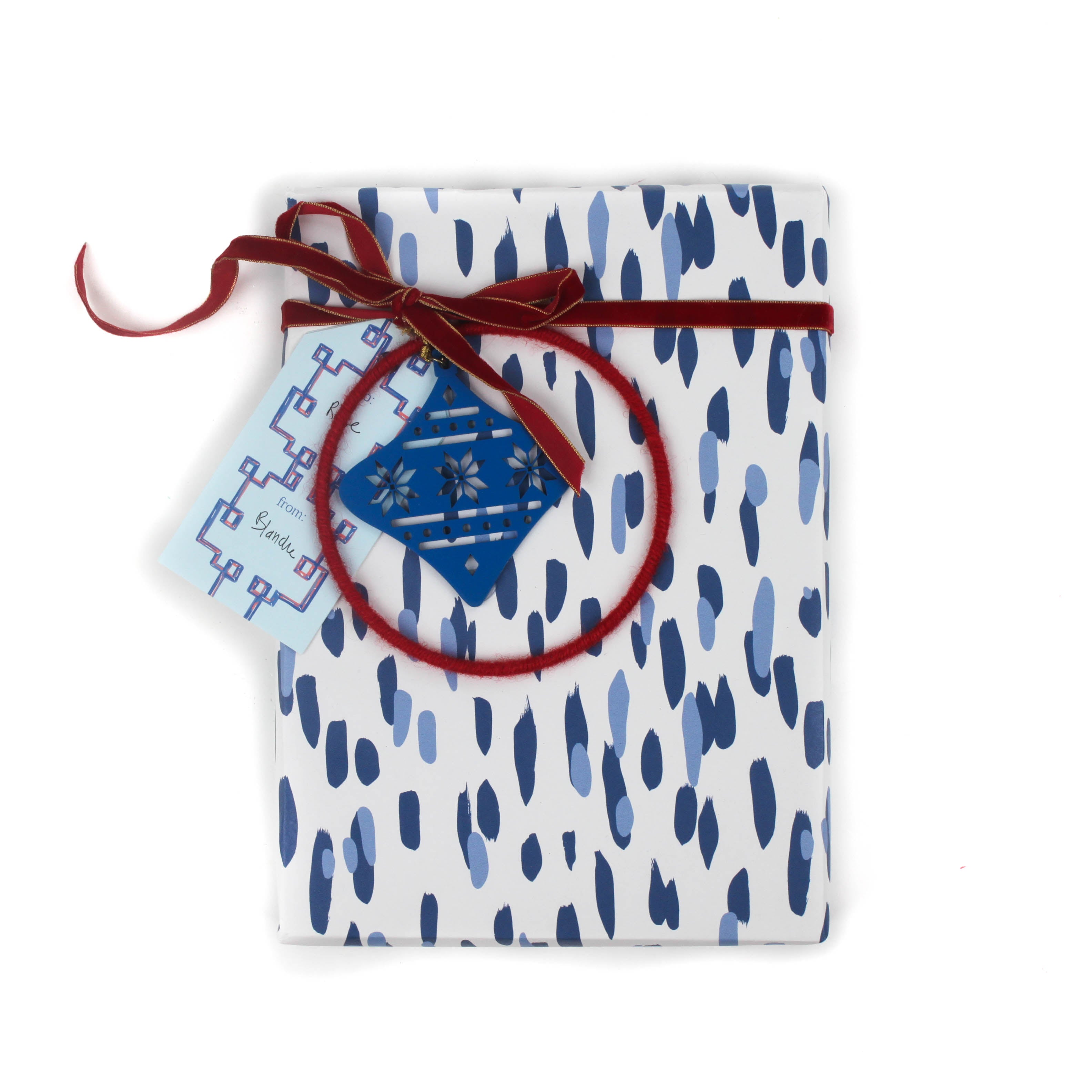 A wrapping paper in painterly patterns and blue in color.