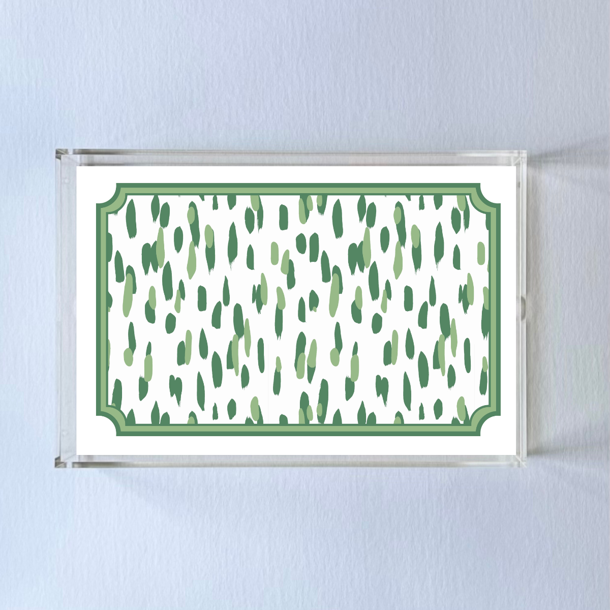 Club House crylic tray featuring a meadow green brushstroke motif pattern on the base