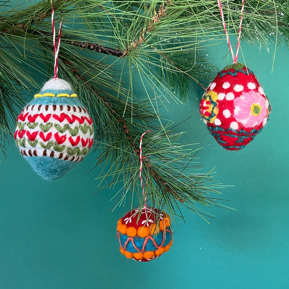 Colorful Round/Drop w/Embroidery Felt Christmas Ornaments, Set of 3
