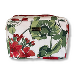 Cottage Grove Geranium is a floral toiletries bag with a red, green, and white color scheme, featuring a geranium design.