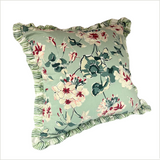 Cottage Grove periwinkle blue floral accent pillow with ruffled striped trim, 22-inch square