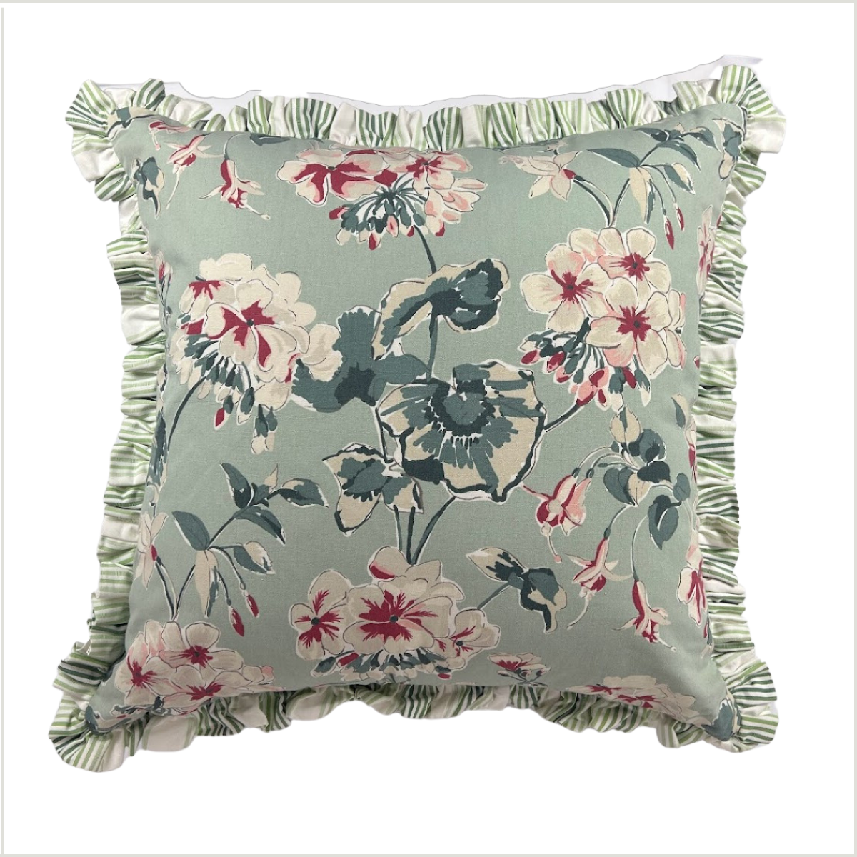 Cottage Grove periwinkle blue floral accent pillow with ruffled striped trim, 22-inch square