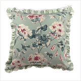 Cottage Grove periwinkle blue floral accent pillow with ruffled striped trim, 22-inch square