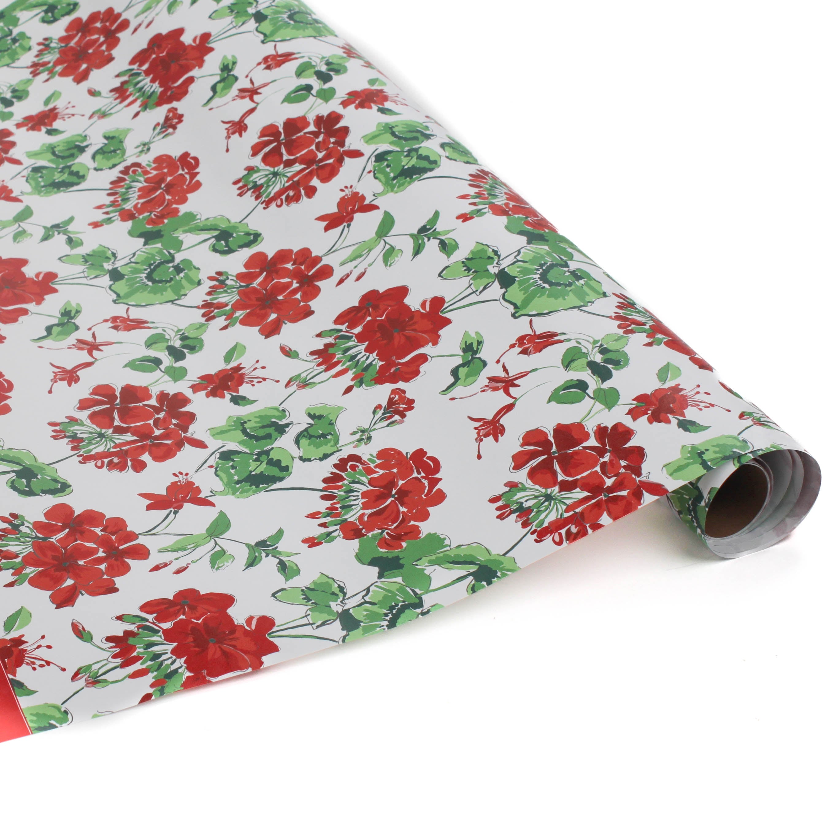 A roll of geranium wrapping paper in a white background