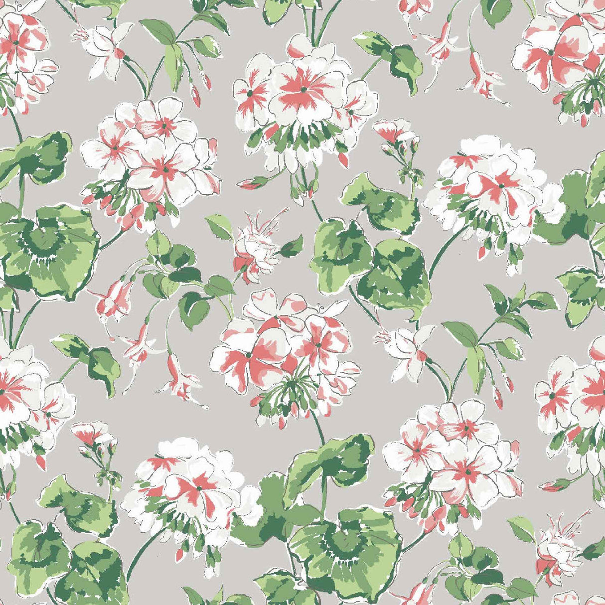 Geranium wallpaper featuring white and pink geraniums on a grey background.
