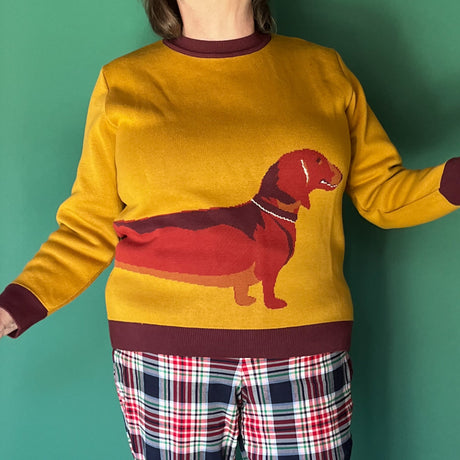 A close up of a woman wearing a dachshund sweater