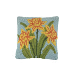 front hooked pillow with yellow daffodils flower design on soft blue background