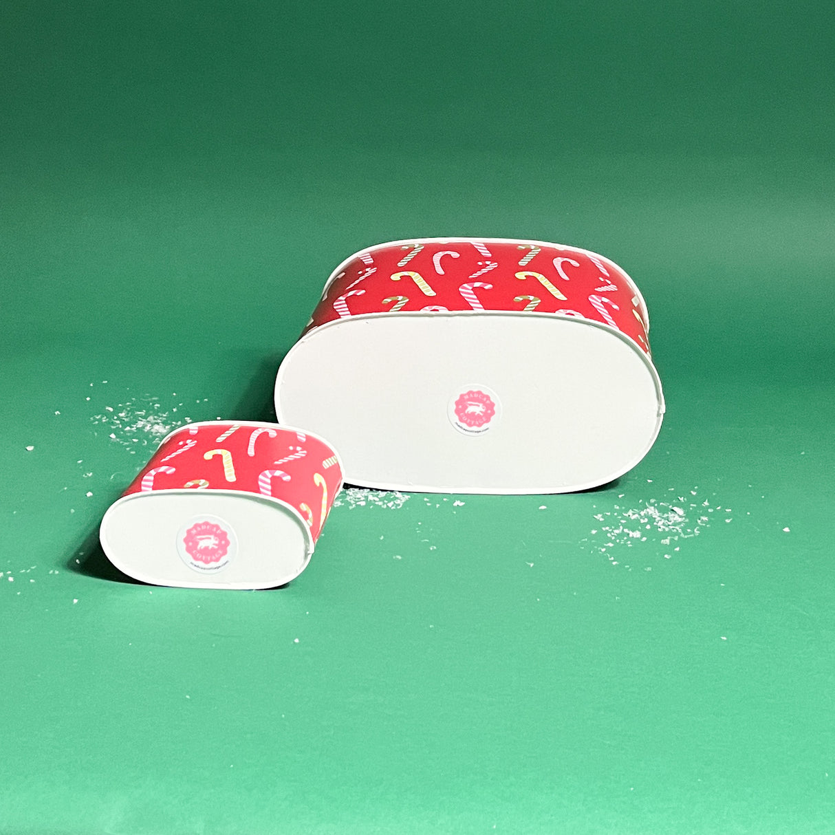 Dancing Candy Canes Christmas caddy bottom view in large and small on a green background